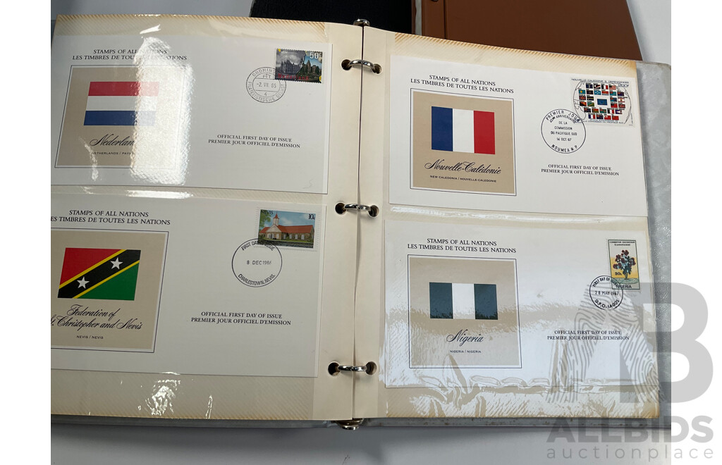 Collection of International Stamp Packs and First Day Covers Including United Stamps of All Nations Series, Australia, New Zealand, Hong Kong, China, Poland
