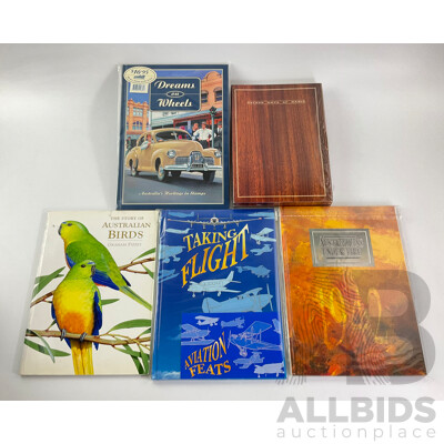 Collection of Australian Post Stamp Books Including Dreams on Wheels, Golden Days of Radio, Australians Under Fire, Taking Flight