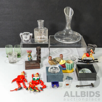 Two Villeroy and Boch Glass Candle Holders, Orrefors Glass Candle Holder, Krosno Wine Decanter, Two Gempo Ducks, Cast Iron Rabbit, Amalfi and ACT Government Paper Weights, Timber Puppets