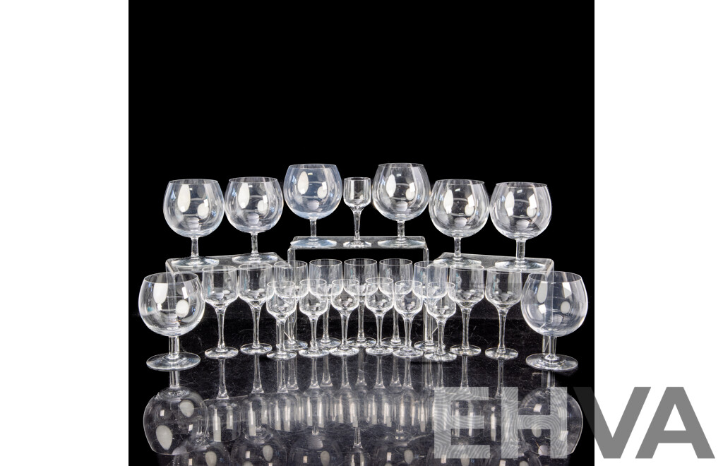 Collection Mid Century Orrefors Stemware Comprising Eight Brandy Balloons, Nine Wine Glasses and Seven Liqueur Glasses