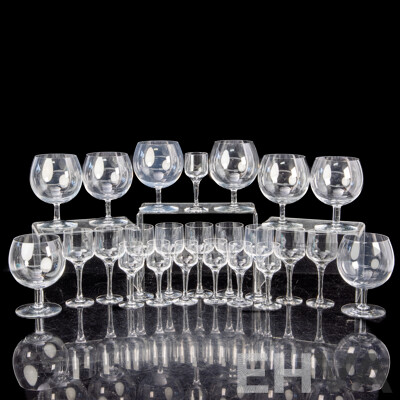 Collection Mid Century Orrefors Stemware Comprising Eight Brandy Balloons, Nine Wine Glasses and Seven Liqueur Glasses