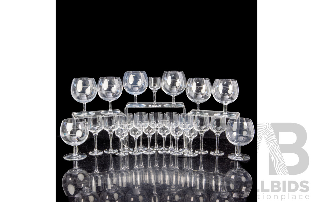 Collection Mid Century Orrefors Stemware Comprising Eight Brandy Balloons, Nine Wine Glasses and Seven Liqueur Glasses