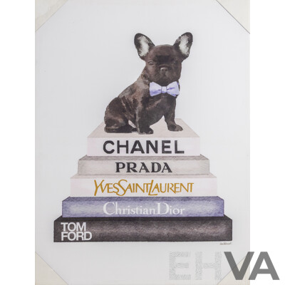 Stupell Industries Book Stack a Mix French Bull Dog Atop Designer Books, Reproduction Canvas Print After Original Watercolour, 80 x 60 cm