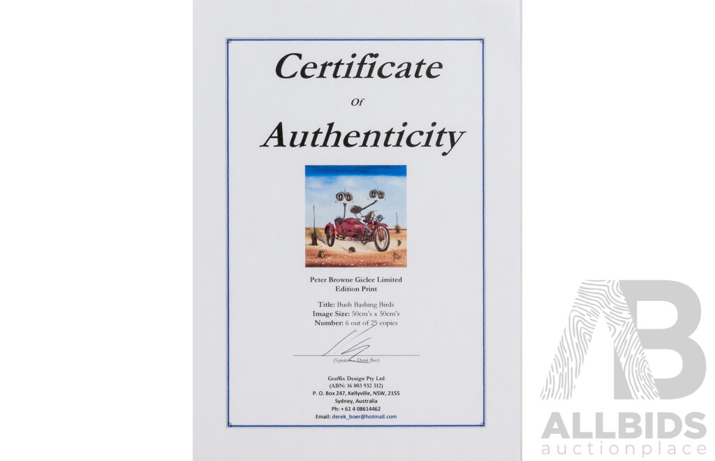 Peter Browne, (20th Century, Australian, 1947-), Bush Bashing Birds, Giclee Limited Edition Print, Hand Signed, 65 x 65 cm (frame)