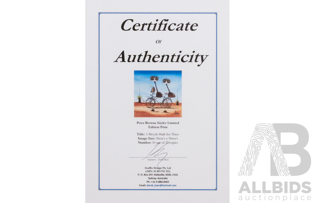 Peter Browne, (20th Century, Australian, 1947-), A Bicycle Built for Three, Giclee Limited Edition Print, Hand Signed, 65 x 65 cm (frame)