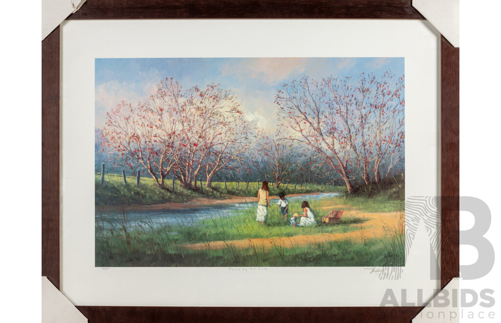John Vander, (20th Century, Belgian-Born Australian, 1945-), Picnic by the River (1994), Wonderful Quality Reproduction Print After Original Oil, 64H x 83W cm (frame)