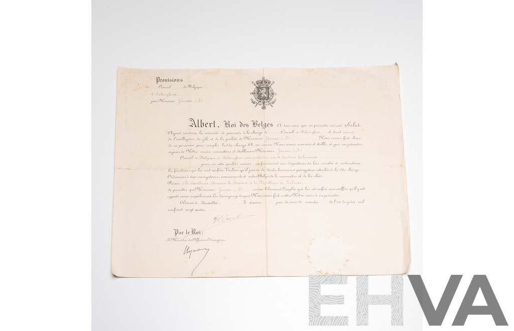 Official Diplomatic Appointment Signed by King Albert I of the Belgians (1875 - 1934)