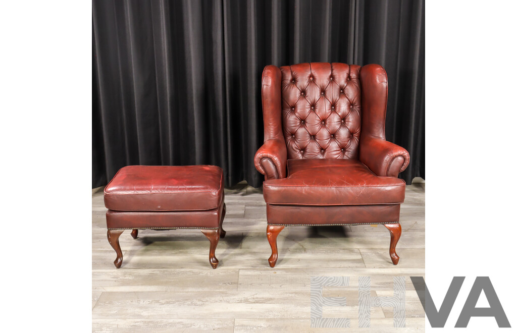 Ox Blood Chesterfield Style Armchair and Footstool