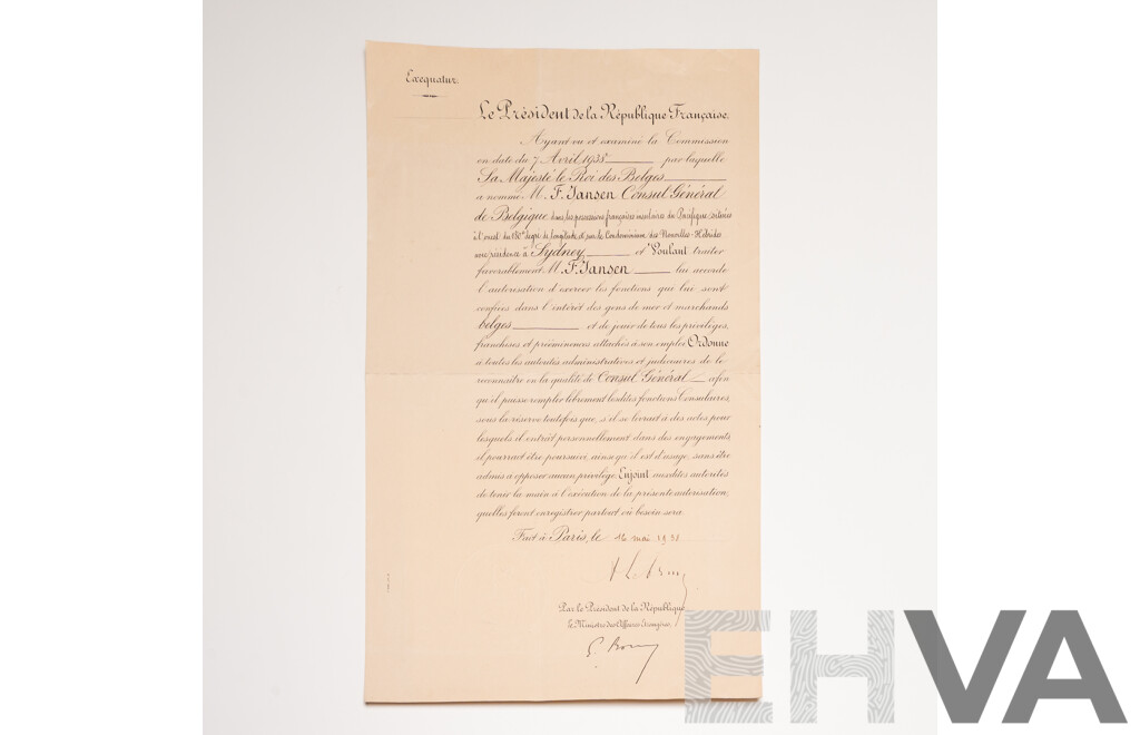 Official Diplomatic Appointment Signed by President Albert Lebrun of France (1871-1950)
