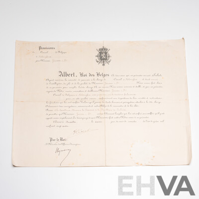 Official Diplomatic Appointment Signed by King Albert I of the Belgians (1875 - 1934)