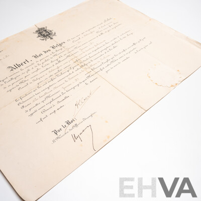 Official Diplomatic Appointment Signed by King Albert I of the Belgians (1875 - 1934)