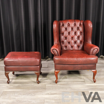 Ox Blood Chesterfield Style Armchair and Footstool
