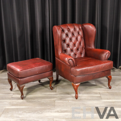 Ox Blood Chesterfield Style Armchair and Footstool