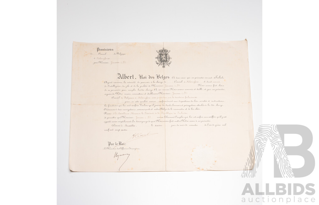 Official Diplomatic Appointment Signed by King Albert I of the Belgians (1875 - 1934)