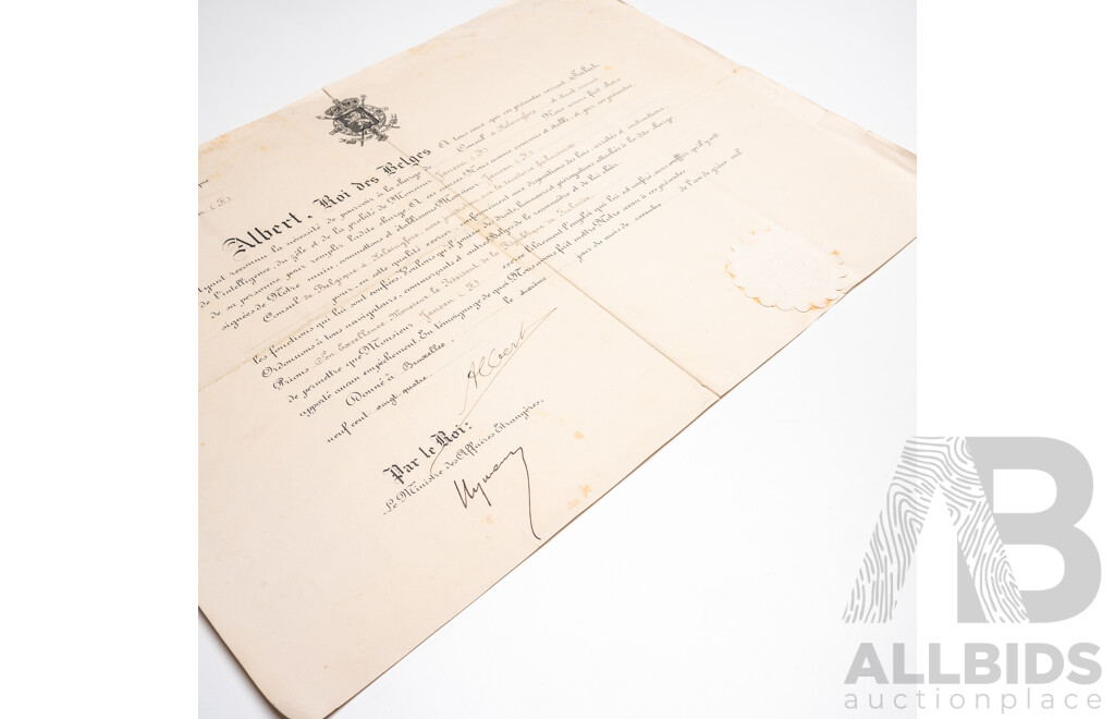 Official Diplomatic Appointment Signed by King Albert I of the Belgians (1875 - 1934)