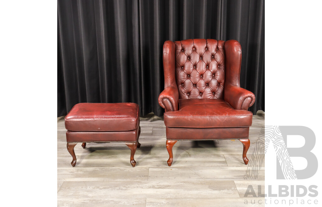 Ox Blood Chesterfield Style Armchair and Footstool