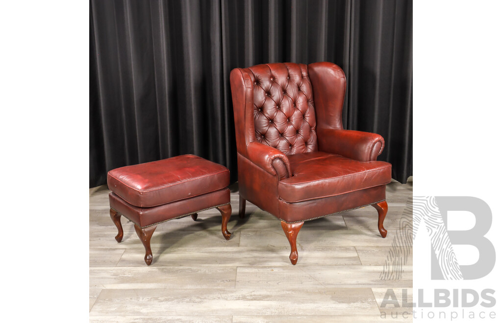 Ox Blood Chesterfield Style Armchair and Footstool