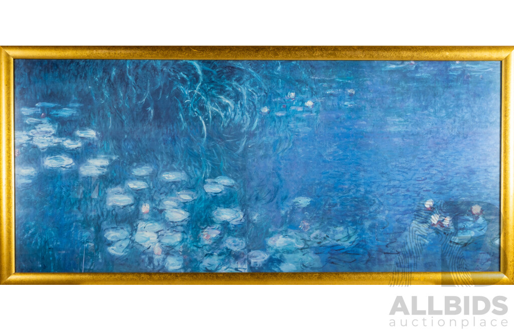 (After) Claude Monet, (19/20th Centuries, French, 1840-1926), Water Lilies (Nympheas), Contemporary Reproduction Print After Original, 75 x 160 cm (frame)