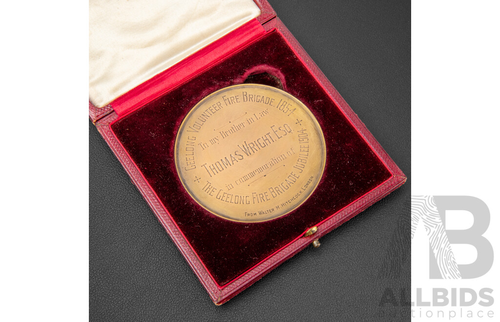 Geelong Fire Brigade Jubilee 1904 Medallion Presented to Thomas Wright. Esq