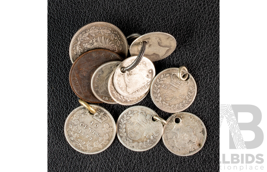 Collection of Coins on Keyring Including United Kingdom, Silver Threepence 1859, 18?9, 1890, QV,  1840 Four Pence, US 1854 Half Dime, German Silver 1877 Fifty Pfennig