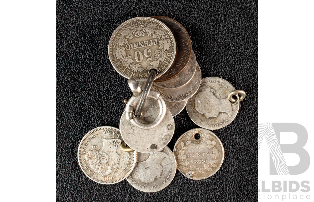 Collection of Coins on Keyring Including United Kingdom, Silver Threepence 1859, 18?9, 1890, QV,  1840 Four Pence, US 1854 Half Dime, German Silver 1877 Fifty Pfennig
