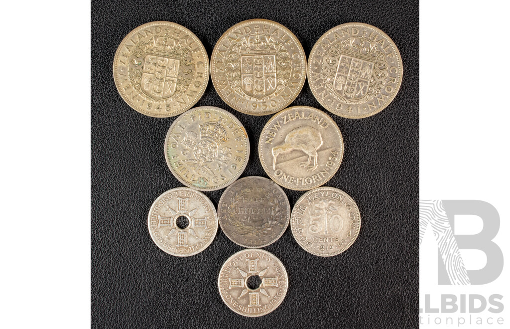New Zealand 1934 Silver Florin, 1941, 1948, 1950 Crowns, Two Territory of New Guinea Silver Shillings, Ceylon 1919 Silver Fifty Cents, India 1835 Silver Half Rupee