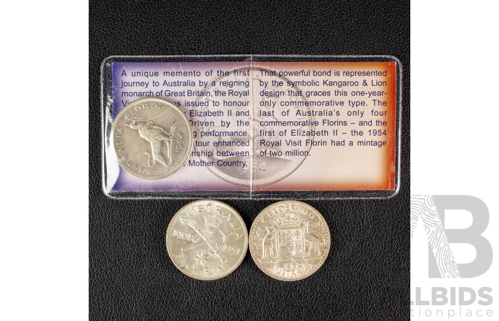 Three Australian Silver Florins Including 1951 and 1954 Commemorative, 1962 .500 Silver