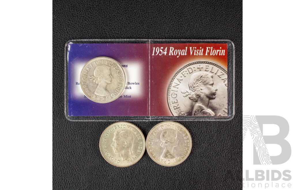 Three Australian Silver Florins Including 1951 and 1954 Commemorative, 1962 .500 Silver