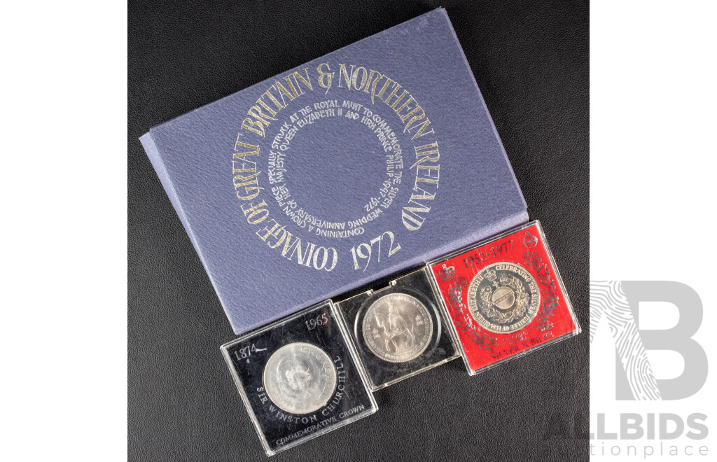 Coinage of Great Britain and Northern Ireland 1972, 1965 Winston Churchill Commemorative Crown, 1953 QE2 UNC Five Shillings, 1977 Souvenir Medal
