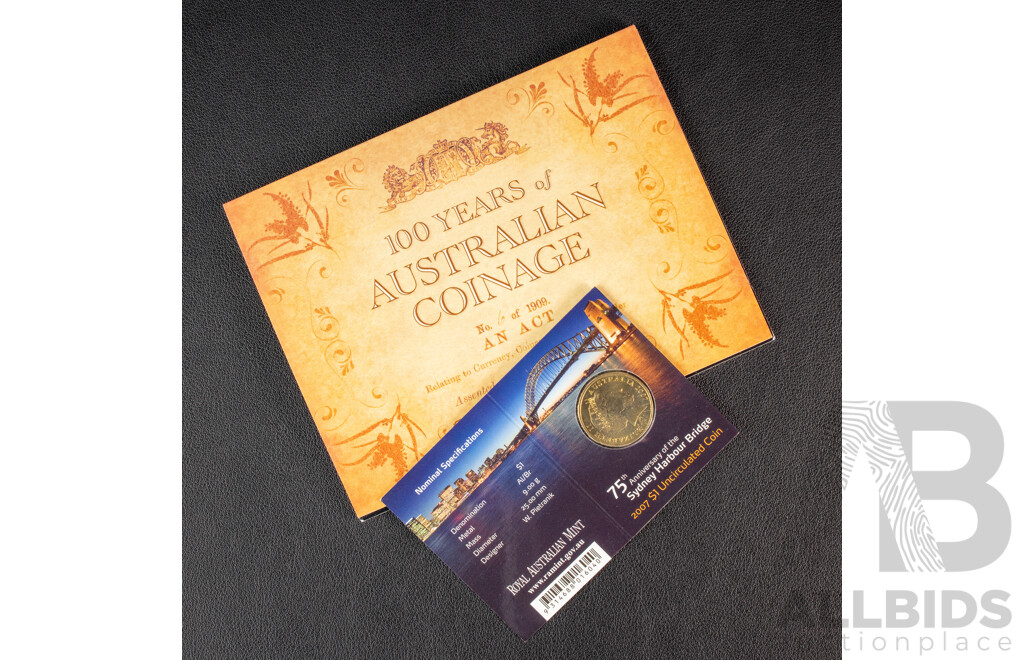 Australian One Hundred Years of Coinage Four Privy Mark One Dollar Coin Set and 2007 One Dollar, 75th Anniversary Sydney Harbour Bridge, C Mint Mark
