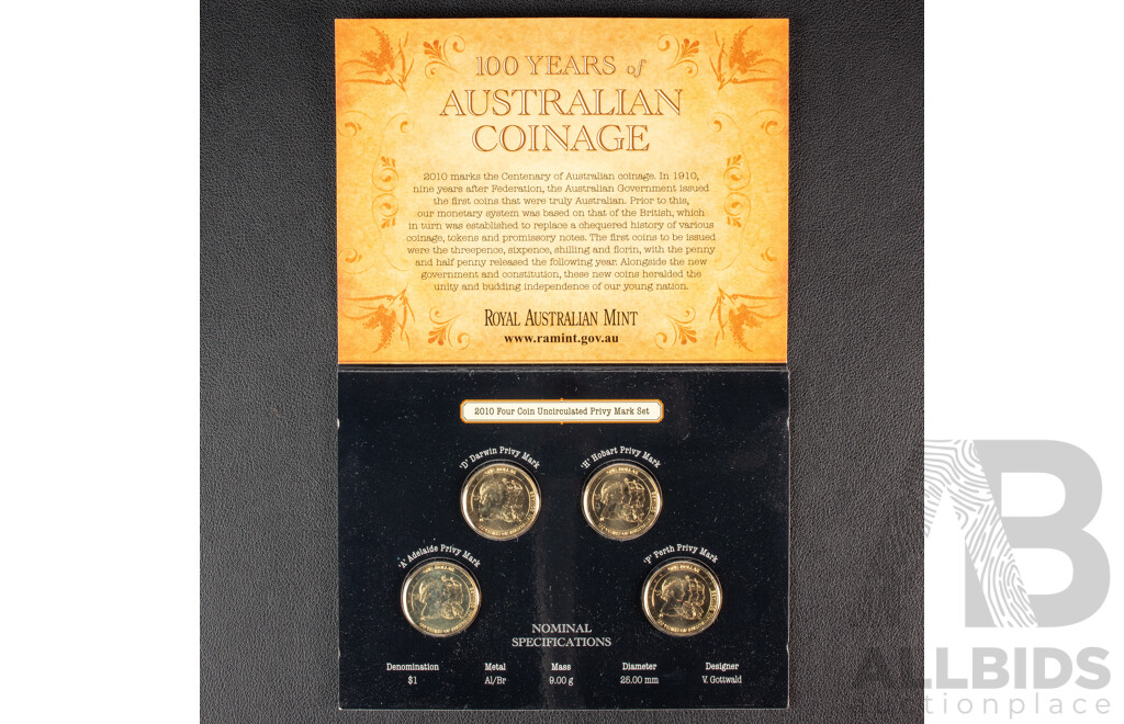 Australian One Hundred Years of Coinage Four Privy Mark One Dollar Coin Set and 2007 One Dollar, 75th Anniversary Sydney Harbour Bridge, C Mint Mark