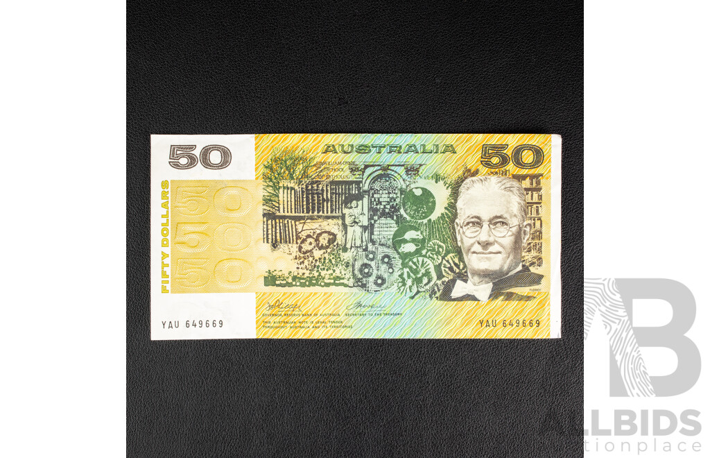 Australian 1973 Fifty Dollar Note, Phillips/Wheeler, Last Signature Prefix R505L, YAU 649669