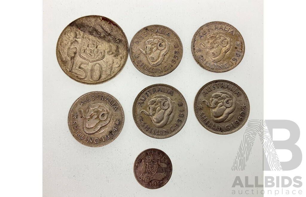 Australian Silver Coins Including 1966 Round Fifty Cent Coin, Five QE2 Shillings, 1915 KGV Threepence