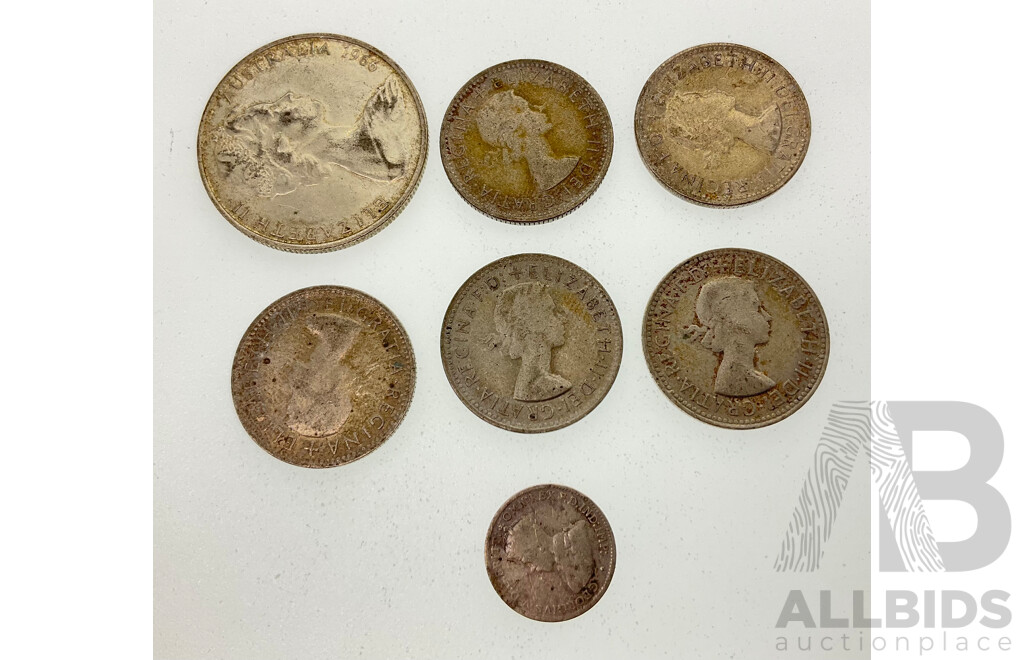 Australian Silver Coins Including 1966 Round Fifty Cent Coin, Five QE2 Shillings, 1915 KGV Threepence