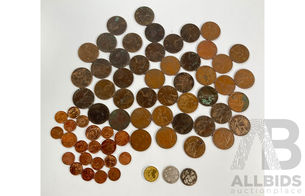 Canada QV Silver Twenty Five Cent Coin, King George Fourth Silver Coin, Great Britain Pennies Spanning 1875 to 1949, Australian One and Two Cent Coins, Two Dollar with Milled Obverse
