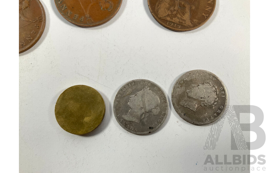 Canada QV Silver Twenty Five Cent Coin, King George Fourth Silver Coin, Great Britain Pennies Spanning 1875 to 1949, Australian One and Two Cent Coins, Two Dollar with Milled Obverse