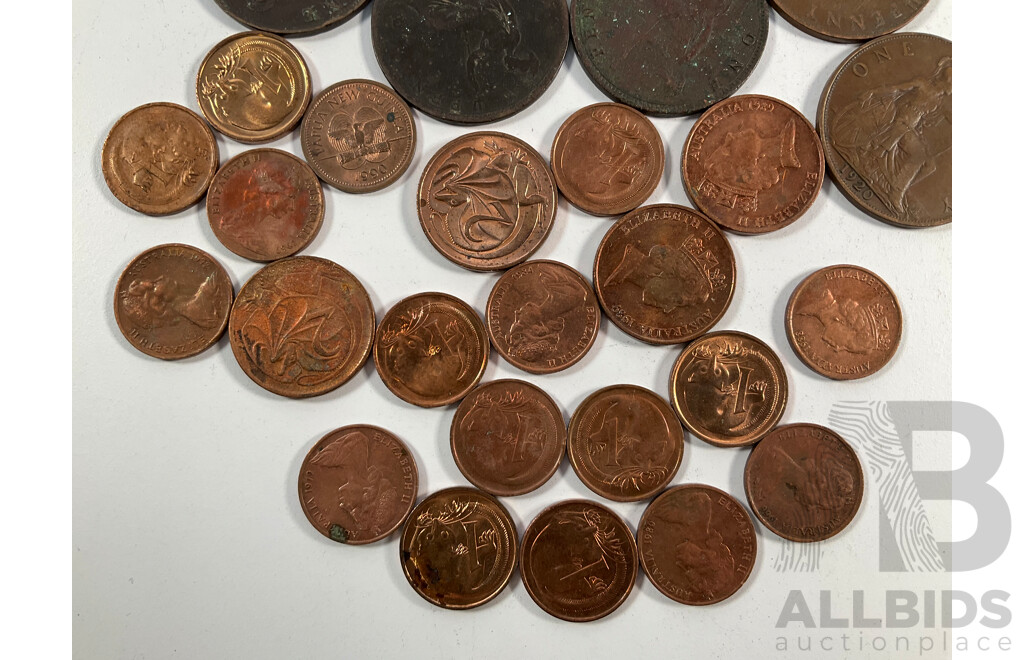 Canada QV Silver Twenty Five Cent Coin, King George Fourth Silver Coin, Great Britain Pennies Spanning 1875 to 1949, Australian One and Two Cent Coins, Two Dollar with Milled Obverse