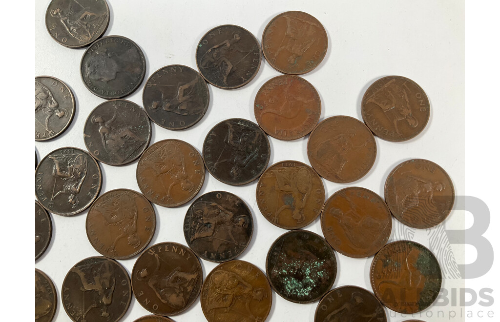 Canada QV Silver Twenty Five Cent Coin, King George Fourth Silver Coin, Great Britain Pennies Spanning 1875 to 1949, Australian One and Two Cent Coins, Two Dollar with Milled Obverse