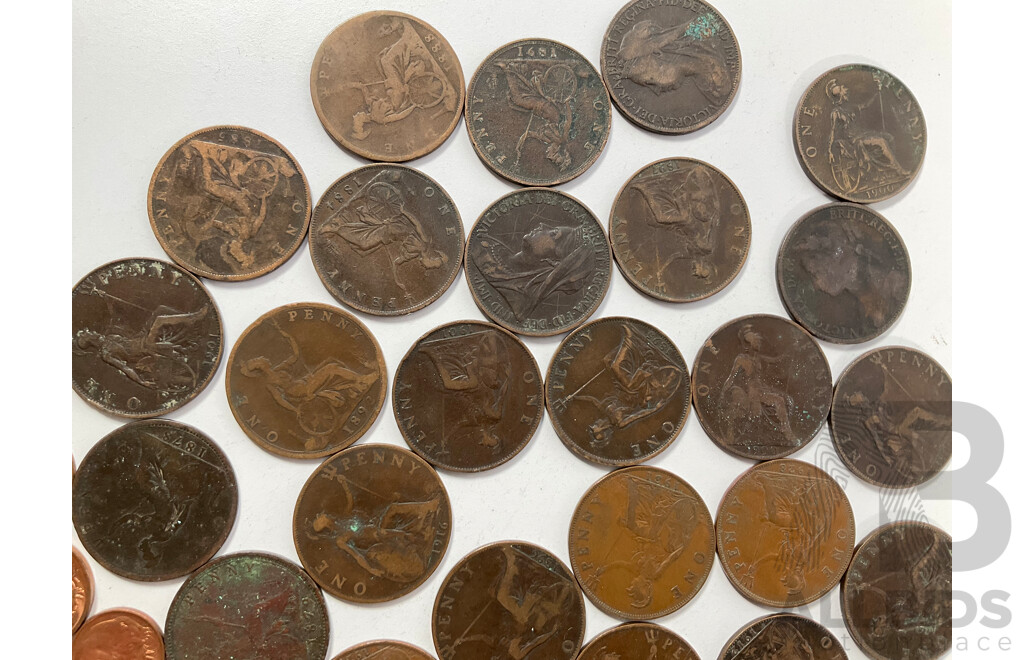 Canada QV Silver Twenty Five Cent Coin, King George Fourth Silver Coin, Great Britain Pennies Spanning 1875 to 1949, Australian One and Two Cent Coins, Two Dollar with Milled Obverse