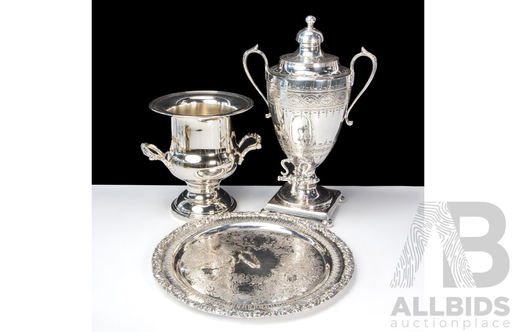 Large Silver Plate Urn with Single Tap and Champagne Bucket