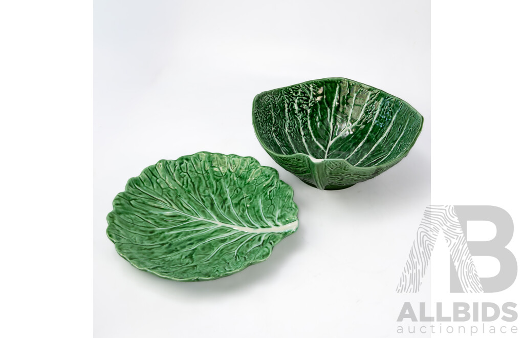 Bordallo Pinheiro Cabbage Leaf Bowl and Dish, Portugal