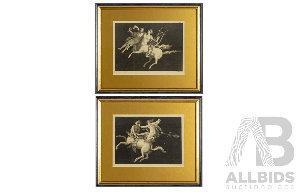 Bacchant Subduing a Centaur & Female Centaur and Menade [From the Antiquities of Herculaneum], Pair of Antique Engravings on Paper, 34 x 40 cm (frames) (2)