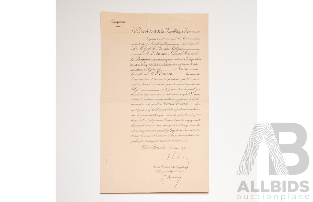 Official Diplomatic Appointment Signed by President Albert Lebrun of France (1871-1950)