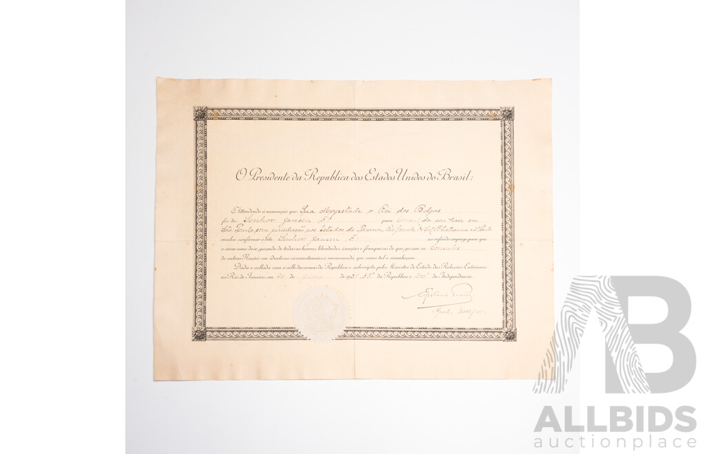 Official Diplomatic Appointment Signed by President Epitácio Pessoa (1865 - 1942)