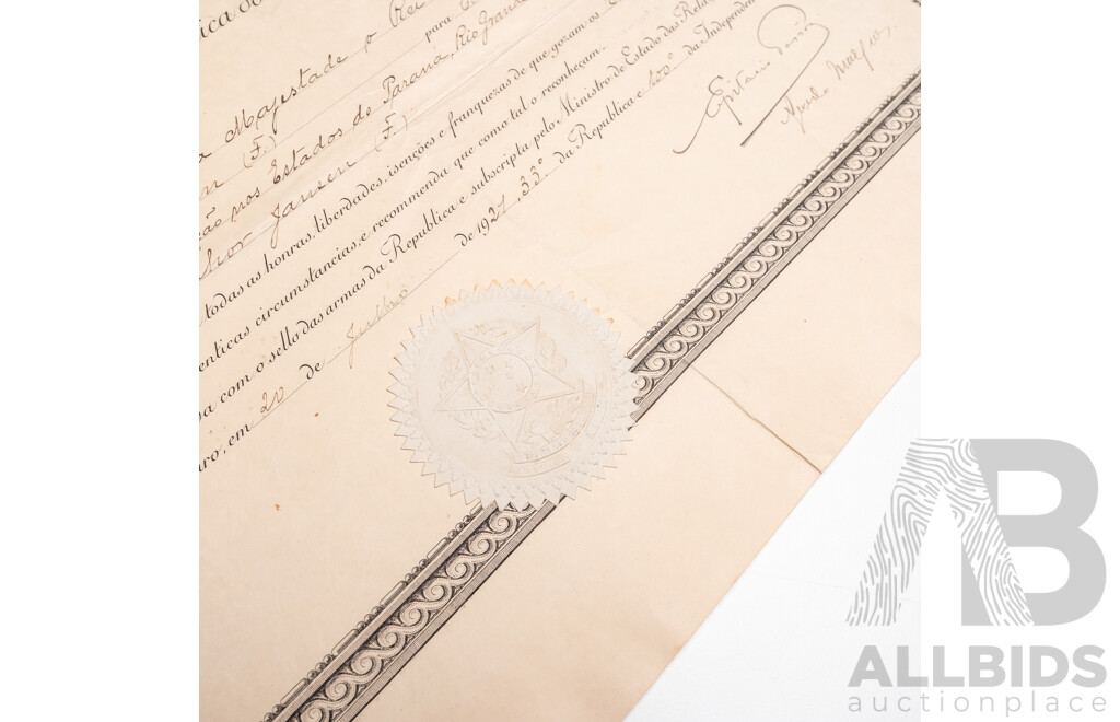 Official Diplomatic Appointment Signed by President Epitácio Pessoa (1865 - 1942)