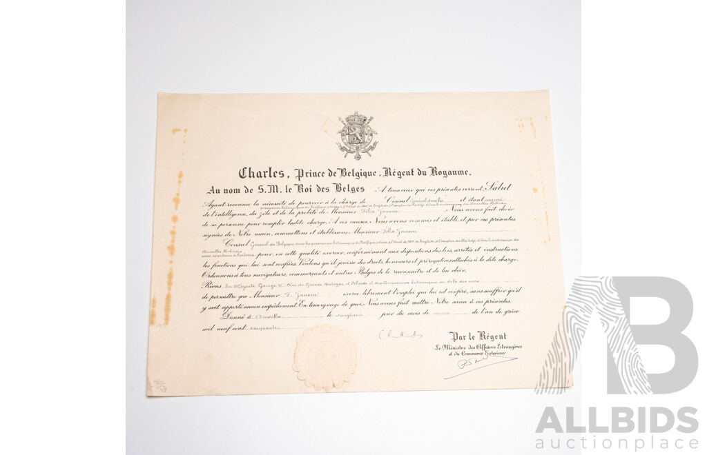 Official Diplomatic Appointment Signed by Prince Charles, Count of Flanders and Prince Regent of Belgium (1903 - 1983)