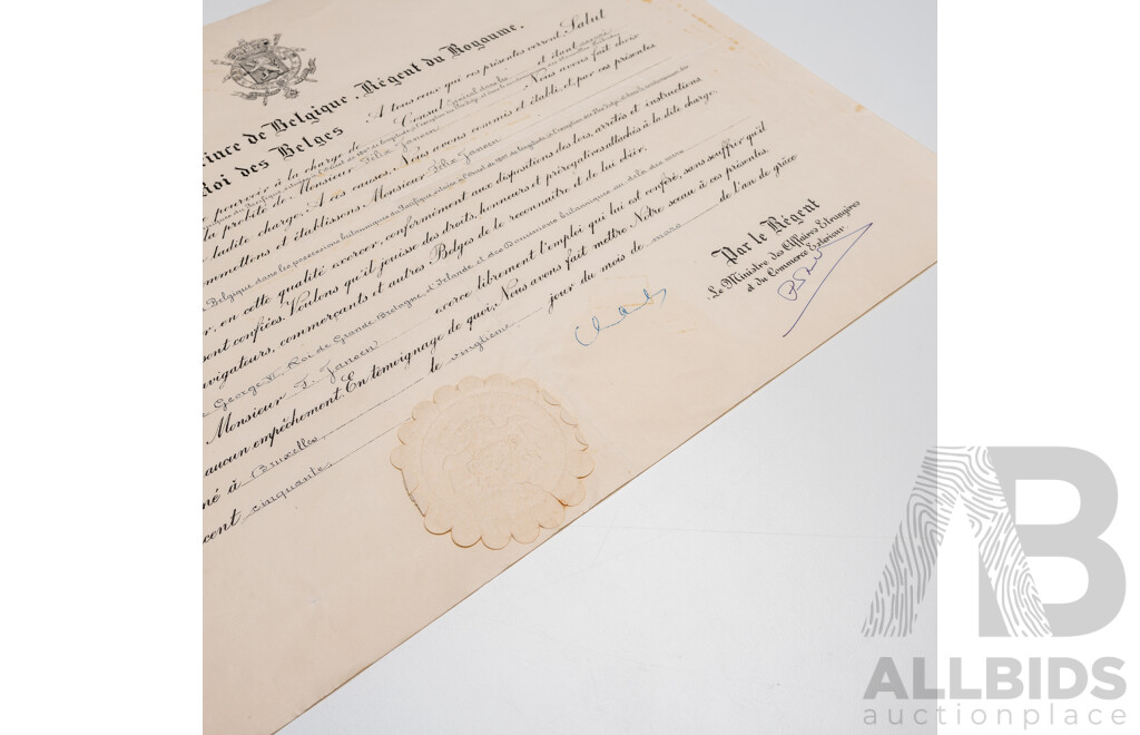 Official Diplomatic Appointment Signed by Prince Charles, Count of Flanders and Prince Regent of Belgium (1903 - 1983)