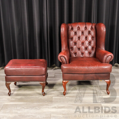 Ox Blood Chesterfield Style Armchair and Footstool