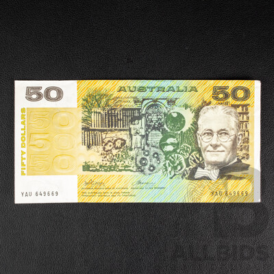 Australian 1973 Fifty Dollar Note, Phillips/Wheeler, Last Signature Prefix R505L, YAU 649669