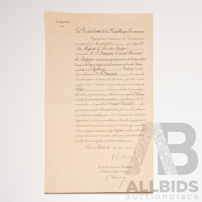 Official Diplomatic Appointment Signed by President Albert Lebrun of France (1871-1950)